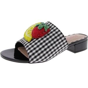 Betsey Johnson Black And White Gingham Slide Sandal with Beaded Fruit Accent